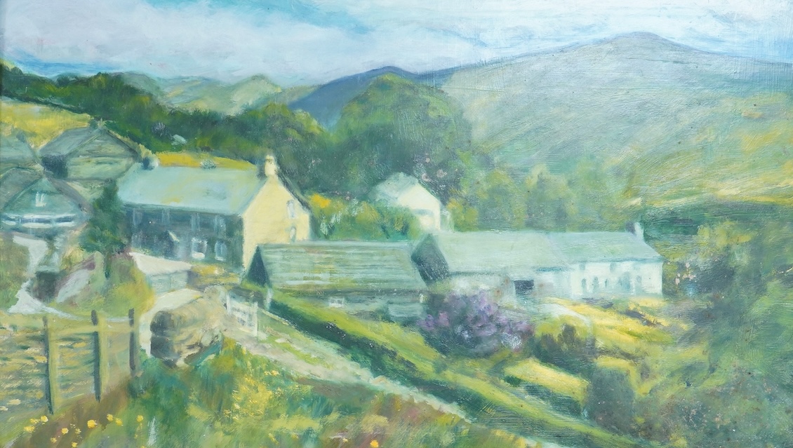 Attributed to Thelma Tinker (20th. C), Mountainous landscape with farm buildings, unsigned, oil on board, 33 x 57cm